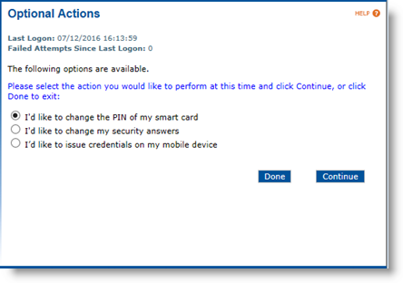 User portal Optional Actions screen displaying a list of available actions, as well as two buttons at the bottom of the screen: Done and Continue
